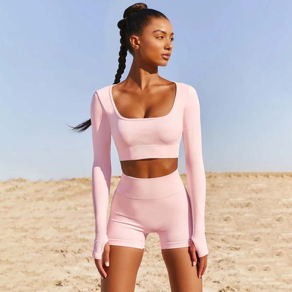 Summer Solid Color Long Sleeves Mini Top And shorts Two Pieces Sets S1737649
