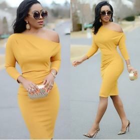 Women Bodycon Oblique Shoulder 3/4 Sleeves Midi Dress LD8165