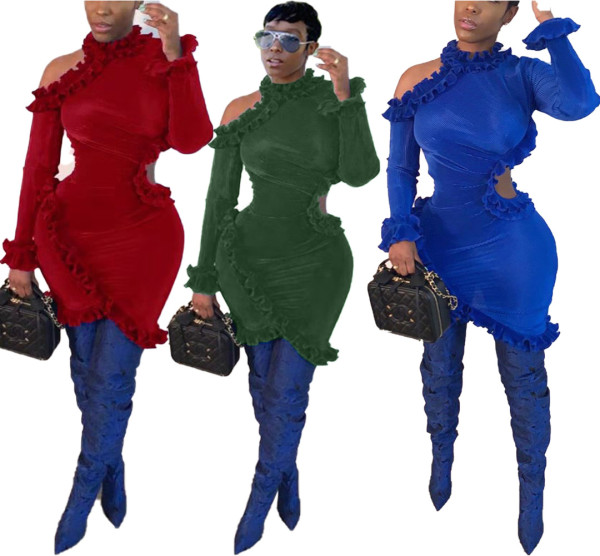 Unique Pure Color Irregular Women Bodycon Ruffle Dress HHM6150
