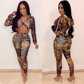 Unique Buckle Sexy Printing Hooded Tight Jumpsuits H1097