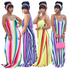 Sexy Striped Printed Suspenders V-Neck Loose Long Dress SMR9624