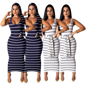 Casual Striped Black/White Ankle-Length Dress SDD9126