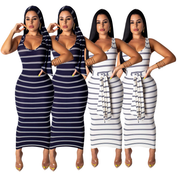 Casual Striped Black/White Ankle-Length Dress SDD9126