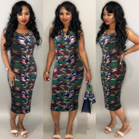 Cheap Camouflage Slim Bodycon Sleeveless Midi Dress HM5160