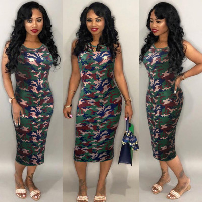 Cheap Camouflage Slim Bodycon Sleeveless Midi Dress HM5160