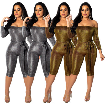 Cheap Off Shoulder Shiny Midi Jumpsuit With Belt SDD9081