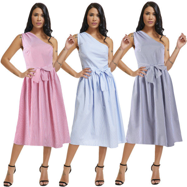 Elegant Pleated Oblique Shoulder Women Midi Dress Q103