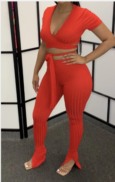 Short-sleeved V-neck T-shirt high waist trousers zipper trousers casual suit FF1002