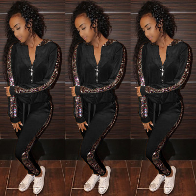 New Arrival Sequin Patchwork Sport Hooded Outfits SY8315