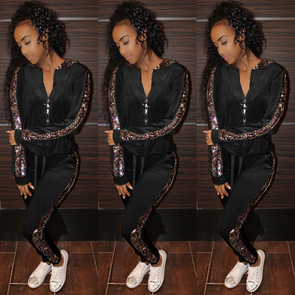 New Arrival Sequin Patchwork Sport Hooded Outfits SY8315
