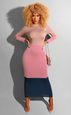 Stylish Long Sleeves Color Block Bodycon Ankle Length Dress C2035