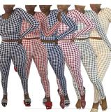 Ladies' Feature Plaid Print Round Neck Long Sleeve Trousers Ladies Casual Sports Base Set KZ156