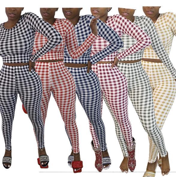 Ladies' Feature Plaid Print Round Neck Long Sleeve Trousers Ladies Casual Sports Base Set KZ156