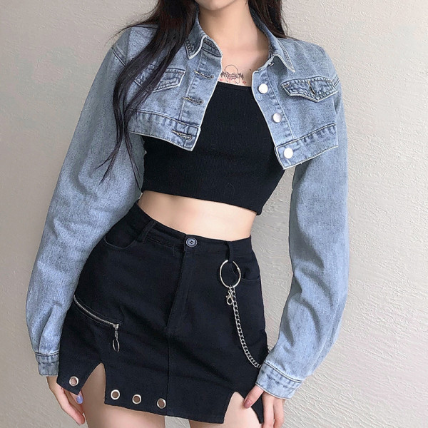 Fashion Solid Color Pocket Denim Ultra Mini Jacket LQ4850W0G
