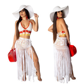 Sexy See Through Crochet Skirt Suits With Tassel LA3112