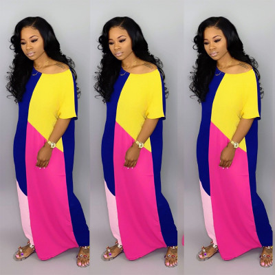 Casual Women Loose Color Block Long Dress For Daily Wear KF107
