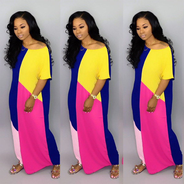 Casual Women Loose Color Block Long Dress For Daily Wear KF107