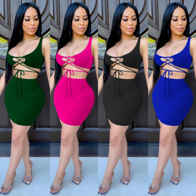 Two-piece Womens tight-fitting lace-up umbilical bag hip skirt short skirt XZ3625