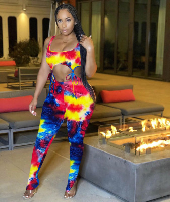 Sexy Coloring Printed Suspender Top Lace-Up Trousers Two Piece Suit MN097