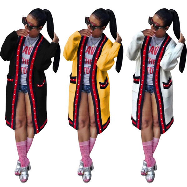 Plus Size Long Clothes Bead Leisure Coat With Pockets TRS869