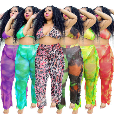 Sexy Tie Dye Printed Bikini With Ruffled Pants Plus Size Two Piece Set ONY3592