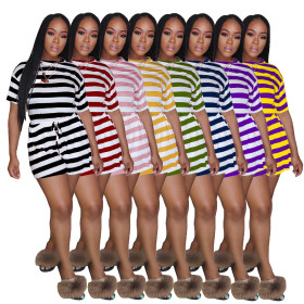 Women's Striped Jumpsuit Multicolor Explosion Shorts Short Sleeve AL091
