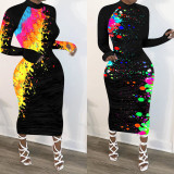Fashion Graffiti Printed Long Sleeves Bodycon Midi Dress NK150