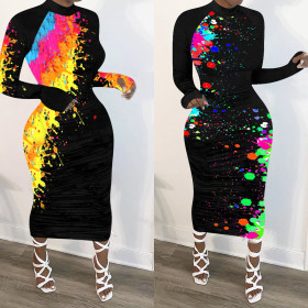 Fashion Graffiti Printed Long Sleeves Bodycon Midi Dress NK150