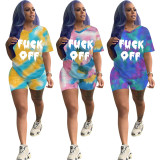 Summer letter print tie-dye short sleeve shorts two-piece set HH8913