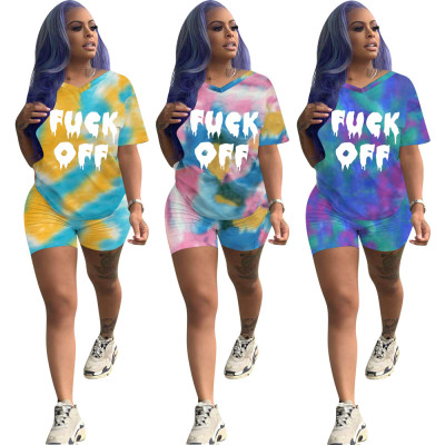 Summer letter print tie-dye short sleeve shorts two-piece set HH8913