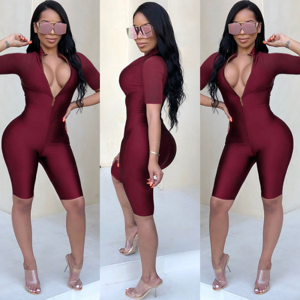 Cheap Clubwear Zipper Women Half Pants Bodycon Jumpsuit K8642