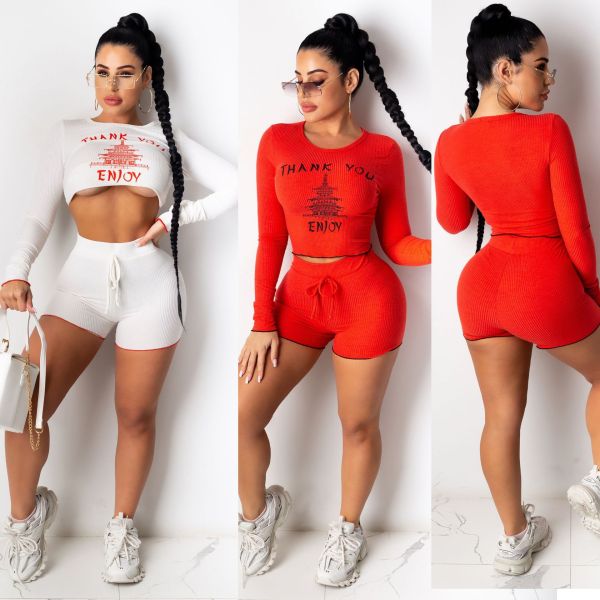 Sexy Pattern Printed Round Neck Long Sleeves Top With Drawstring Shorts Two Piece Sets CY1268