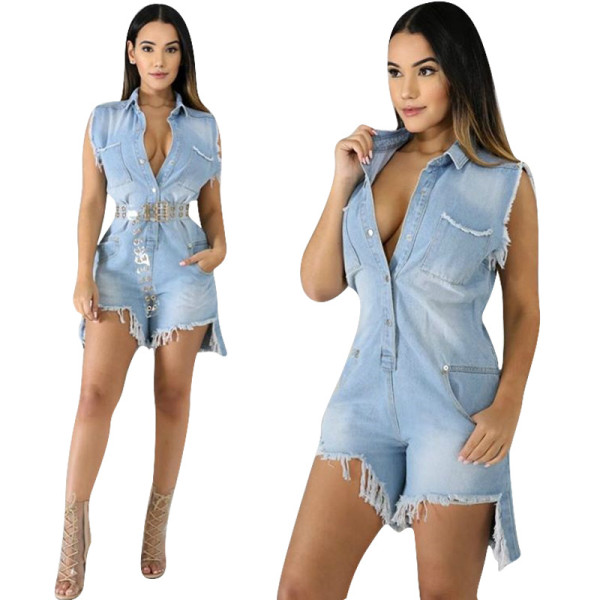 New Arrival Irregular Women Sleeveless Jeans Jumpsuit F8209