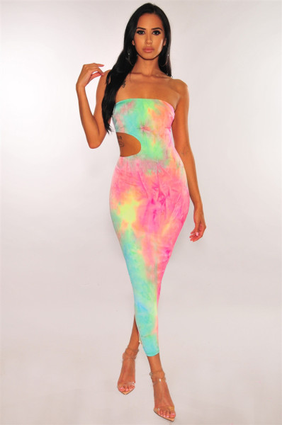 Rainbow Sexy Long Cutout Tube Top Dress FM1039