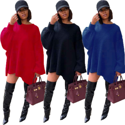 Loose Fitting Irregular Pure Color Long Sleeves Dress OMY5050
