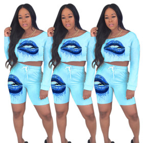 Bodycon Lip Printing 2 Pieces Leisure Shorts Suits MA6157