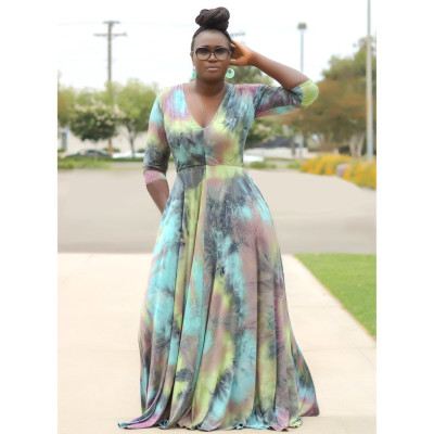 Long sleeve sexy V-neck print dress DM103