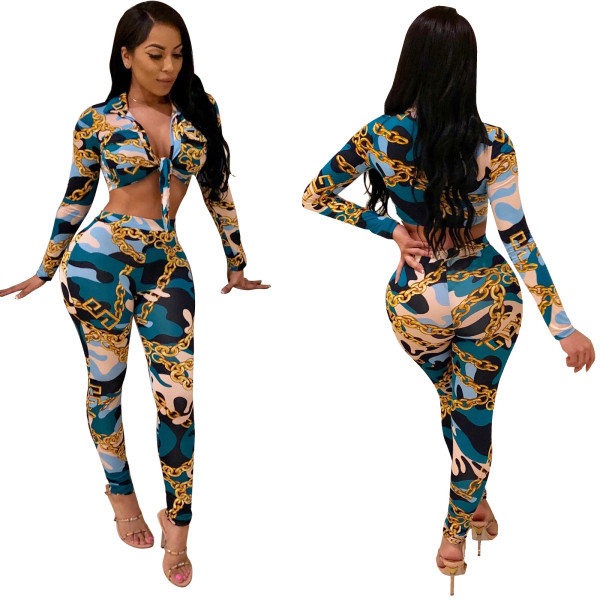 Bandage Crop Top Skinny Pants Women Printing Suits FZ5540