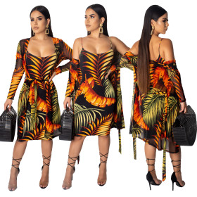 Printing Knee Length Dress+Long Sleeve Perspective Coat JH108