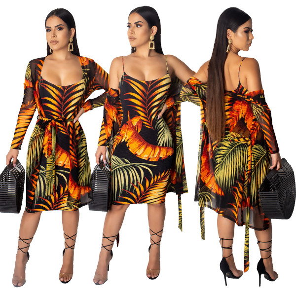 Printing Knee Length Dress+Long Sleeve Perspective Coat JH108