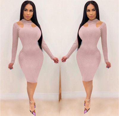 Women Slim Bodycon Plain Color Ribber Dress For Daily Wear OMM1090