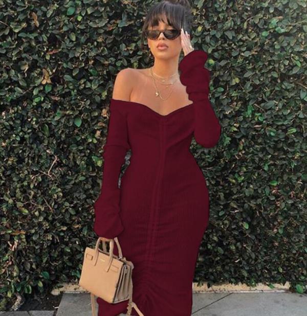 ff-the-shoulder long-sleeved mid-length solid color drawstring dress NS2779