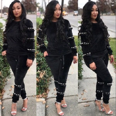 Black Beading Velvet Track Suits AA5037