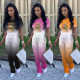 Fashion Gradient Color Lips letter Printed T-Shirt With Drawstring Trousers Plus Size Two Piece Set