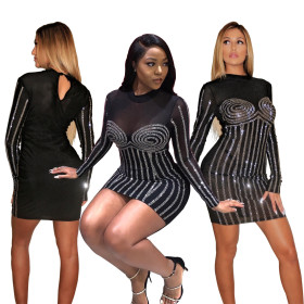 Trendy Shiny Mesh Long Sleeves Wrap Dress WY6535