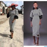 Cheap Black and White Stripes Print Bishop Sleeve Casual Dress KSN5103