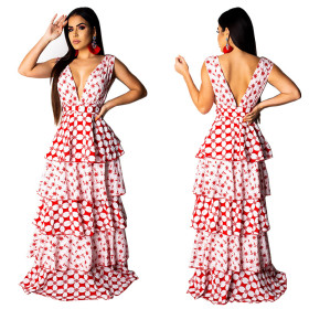 Party Sleeveless Tiered Skirt V Collar Floor Length Dress MY9334