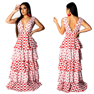 Party Sleeveless Tiered Skirt V Collar Floor Length Dress MY9334