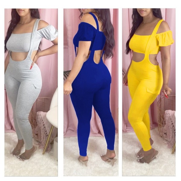 Fashion suspender trousers one word neck puff sleeve two-piece suit W863