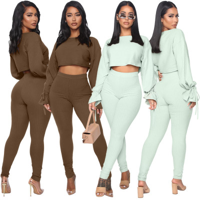 Fashion Solid Color Striped Round Neck Long Sleeves Crop Top With Trousers Two Piece Set ALS6300